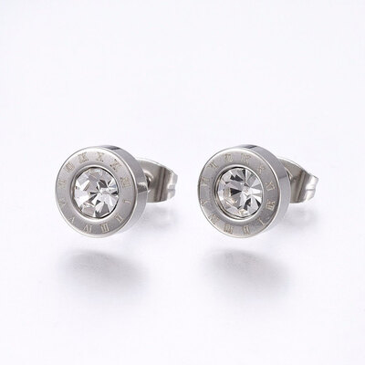 

304 Stainless Steel Stud Earrings with Rhinestone Flat Round with Roman Numerals Crystal 9x35mm Pin 08mm 12pairscard