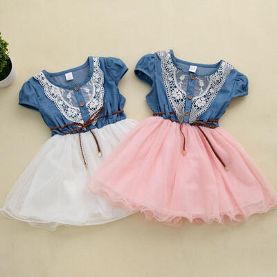 

One-piece Princess Girls Baby Kids Party Lace Belt Denim Tulle Gown Dresses
