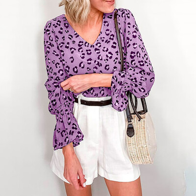 

Starmoon Womens Fashion Long Flare Sleeve Tops Leopard Print Loose Chiffon Blouse