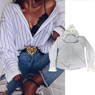 

Lady Long Sleeve V-neck Loose Stripe Shirt Casual Button Blouse Hoodie