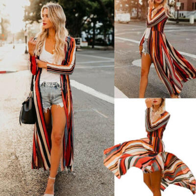 

Casual Womens Color Striped Print Sunscreen Cardigan Jacket Beach Cover -2XL