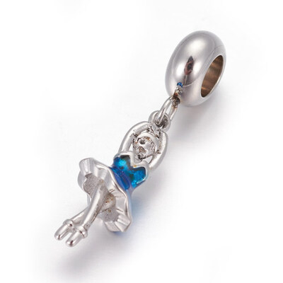 

304 Stainless Steel European Dangle Beads with Enamel Large Hole Pendants Ballet Dancer Stainless Steel Color Blue 28mm