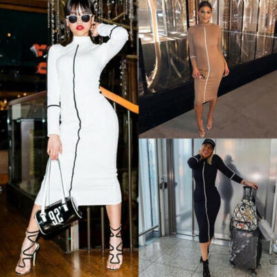 

Womens Contrast Color Long Sleeve Temperament Fitness Summer Pencil Midi Dress