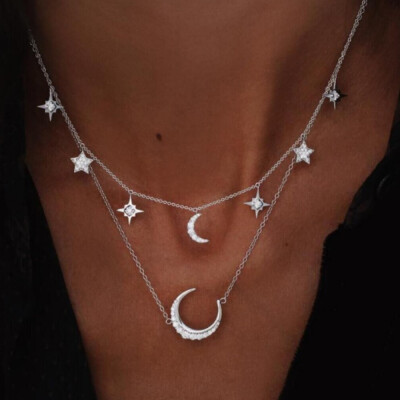 

Women\ Fashion Wind Moon Stars Pendants Double Necklaces Ornaments Girls