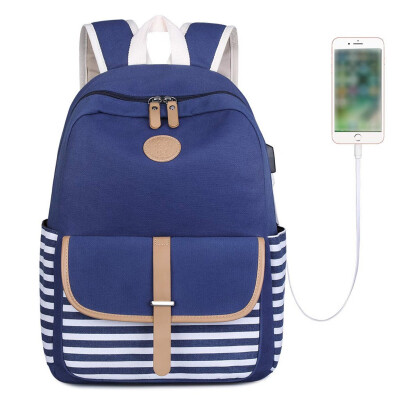 

Tailored Women Ladies Girl Striped Canvas Shoulder School Backpack With USB Interface Bag