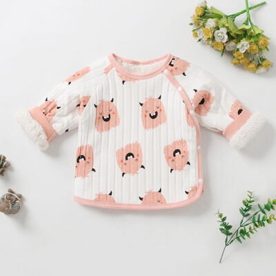 

Winter Fleece Cartoon Print Toddler Warm Coat Baby O-Neck Side Buttons Tops