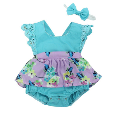 

spliced design baby Printed Floral sleeveless PP short pants jumpsuit Rompers Bowknot Head Bandborn girls 0-24M