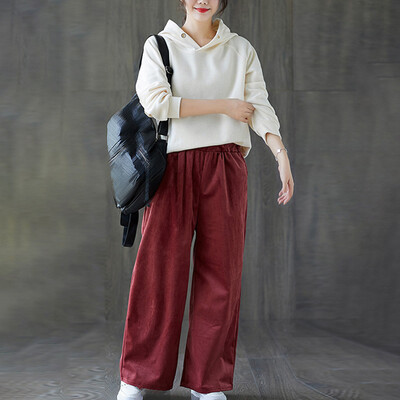

2019 Women Elastic Waist Casual Solid Wide Leg Trousers Cotton Loose Pants Plus