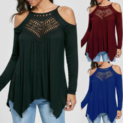 

Womens Sexy Off Shoulder V Neck Long Sleeve Lace Holllow Tops T-Shirt Blouse