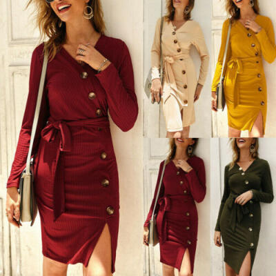 

Womens Bodycon Dress Long Sleeve V Neck Knitted Fit Slit Stretch Solid Dresses