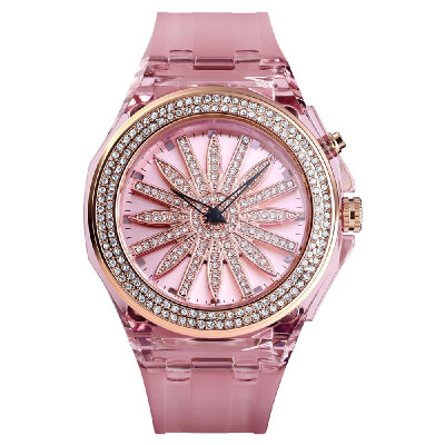 

SKMEI 1536 Woman Quartz Watch Rotating Flower Dial Colorful LED Backlight Transparent Case Strap Female Wristwatch