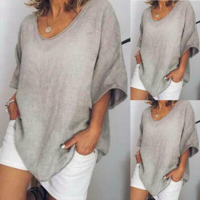 

Womens Summer Linen Blouse Casual Loose V Neck T Shirt Half Sleeve Baggy Tops