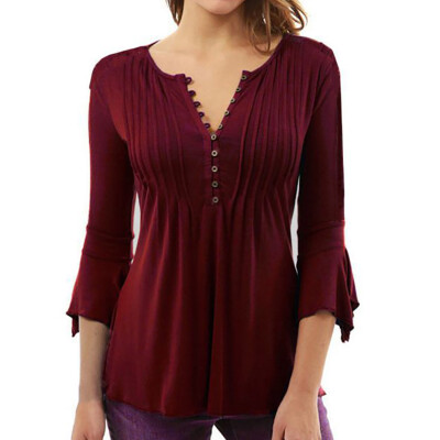 

Womens 34 Sleeve Trumpet Sleeve V-neck  Pleated T-shirt Bottoming Shirt