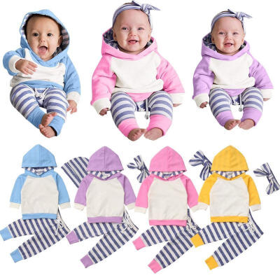 

Fashion Baby Boy Girl Outfits Clothes Hooded Tops Striped Pants 3PCS Set 0-24M