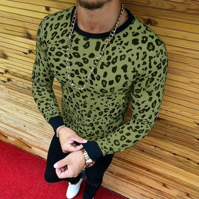 

Fashion Mens Slim Fit O Neck Long Sleeve Leopard Tee T-shirt Casual Tops Blouse