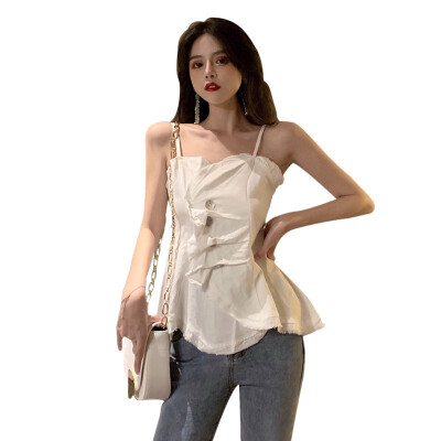 

Ladies Fashion Sleeveless Button Ruffles Women Solid Color Sexy V-Neck Camisole