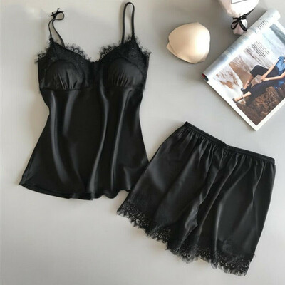 

Women Silk Sleeveless Night Sleepwear Nightwear Dress Shorts Pajamas 2Pcs Set