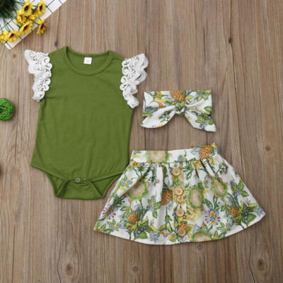

3PCS Toddler Kids Baby Girl Lace Tops Romper Dress Skirts Summer Outfits Clothes