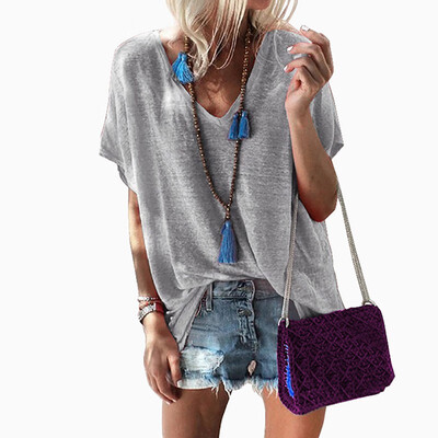 

Womens Fashion Simple Tops Casual V Neck Solid Short Sleeve Basic Plus Size T-Shirt