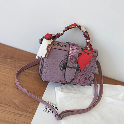 

Qiao Bani 2019 new European&American style fashion scarves snakeskin rivet flip bag shoulder bag diagonal shoulder bag