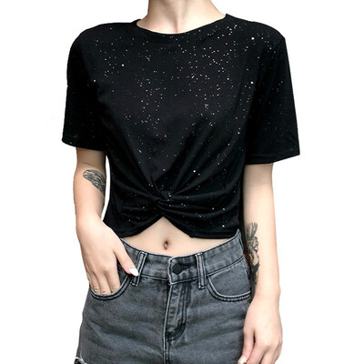 

Simple Beautiful Black Short-sleeved Women T-shirt Fashion Novel Shiny Women T-shirt