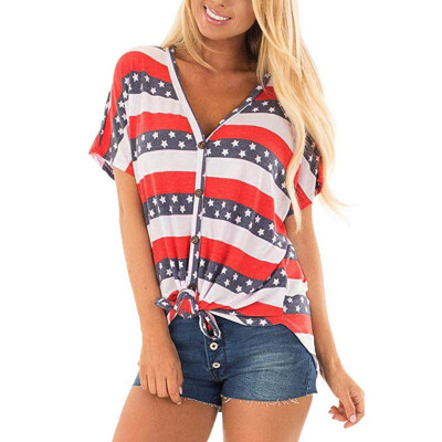 

Starmoon July 4th Womens V Neck American Flag Button Down T Shirt with Tie Front