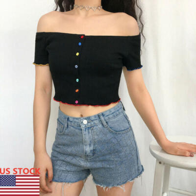 

US Women Off Shoulder Crop Top Slim T-Shirt Tank Tops Summer Color Button Top