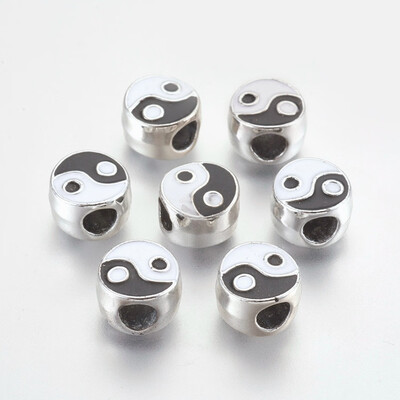 

Alloy Enamel European Beads Large Hole Beads Flat Round with Yin Yang Pattern Silver Black 11x7mm Hole 45mm