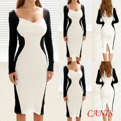 

Fashion Women Bodycon Slit Long Sleeve Slim Fit Cocktail Party Clubwear Dress