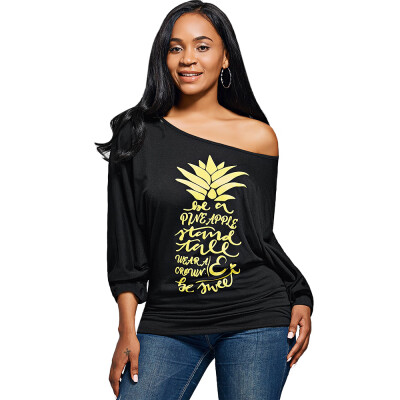 

Pineapple Letters Long Sleeve Skew Neck Top