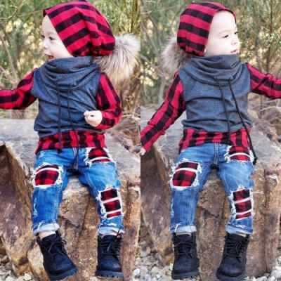 

Plaid Toddler Kid Baby Boy Tops Shirt Denim Jeans Long Pants 2pcs Outfit Clothes