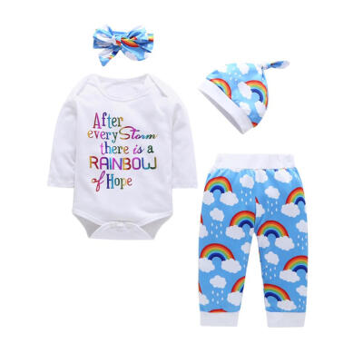 

4pcs Newborn Baby Rompers Set Long Sleeve Cute Rainbow Pants Headband Hat