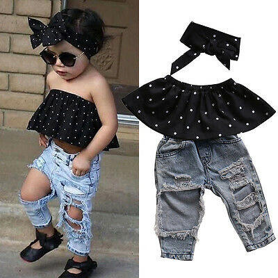 

Fashion Toddler Baby Girls Black Blouse Top Hole Casual Denim Pants Outfits Set