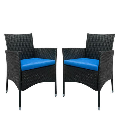 

Patio Dining 2PCS Black Rattan Wicker Chairs with Blue Cushion