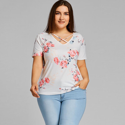 

Starmoon Womens Plus Size Casual V-Neck Short-Sleeved Printed Curved Hem T-shirt Top