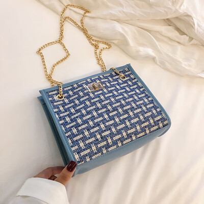 

2019 new simple contrast color woven bag fashion casual wild shoulder bag female Sen temperament chain Messenger bag