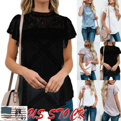 

Womens Floral Lace Patchwork Flare Ruffles Short Sleeve Cute Shirt Blouse Tops