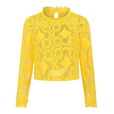 

Women Cover Up See Through Floral Lace Hollow Out High Neckline Long Sleeve Sexy Beach Blouse