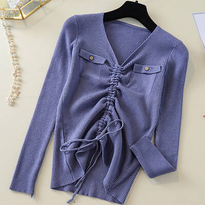 

Sweet Drawstring Women Sweater Summer Autumn New Simple Solid Color Sweater Fashion V-Neck Loose Long Sleeve Sweater Tops