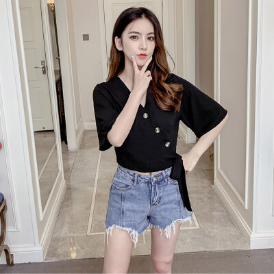 

Women Summer V-Neck Thin Bow Tie Middle Sleeve Chiffon Blouse Loose Casual Blouse Tops