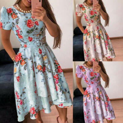 

Women Summer Boho Floral Short Sleeve Long Maxi Dress Party Beach Sundress USA