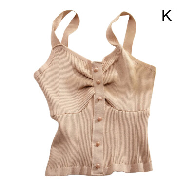 

Fashion Temperament Camisole V-neck Knit Solid Color Sling Back Button Decoration Sexy Womens Camisole