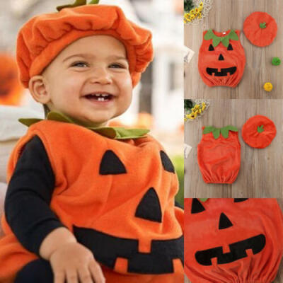 

Newborn Baby Boy Girl Halloween Pumpkin Romper Bodysuit 2Pcs Outfits Clothes US