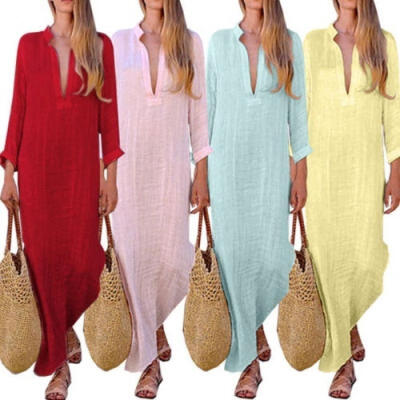 

Fashion Women Autumn Cotton Linen Boho Solid Long Maxi Dress Casual Loose Long Sleeve