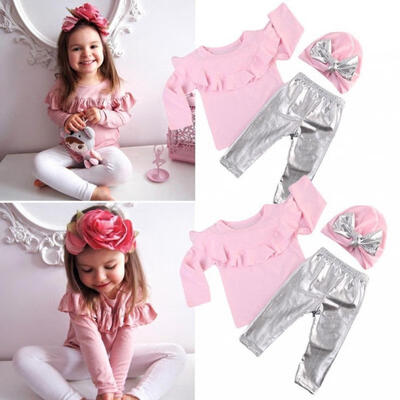 

Fashion Toddler Kids Baby Girl Clothes Ruffles Long Sleeve Pink T-shirt TopsShinny Legging Pant Hat 3pcs Clothing Set