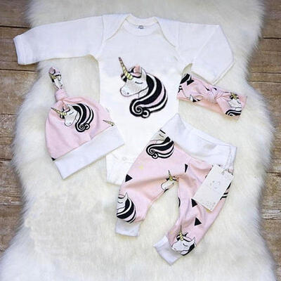 

4PCS Newborn Baby Unicorn Outfits Romper Jumpsuit Pants Leggings Hat Clothes Set 0-24M
