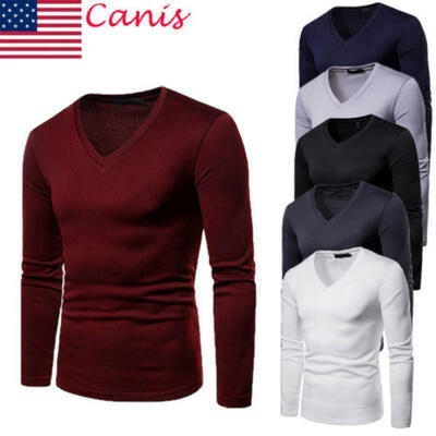 

US Mens Winter V-Neck T-shirt Long Sleeve Slim Fit Shirt Pullover Sweater Tops
