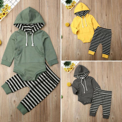 

US Toddler Newborn Baby Boy Hooded Tops RomperStriped Long Pants Outfit Clothes