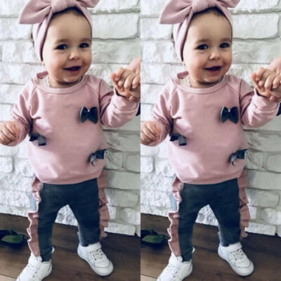 

Boutique Kid Baby Girl Bow Tops Sweatshirt Ruffle Pants Outfit 3Pcs Clothes Ash