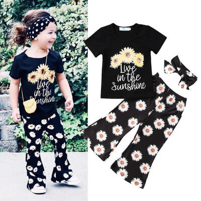 

Fashion Toddler Kids Girls Sunflower Tops T-shirt Pants Headband Outfits Sets
